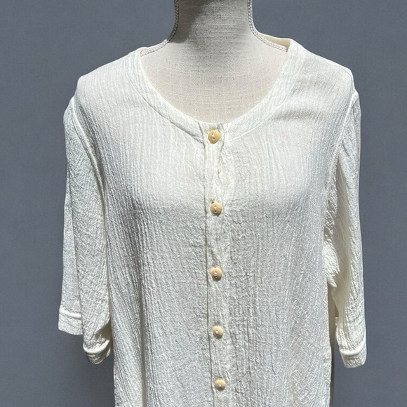 🌻Cheyenne Crepe Ivory Lagenlook Minimalist Linen Short Sleeve Tunic Size S/M - Picture 2 of 8